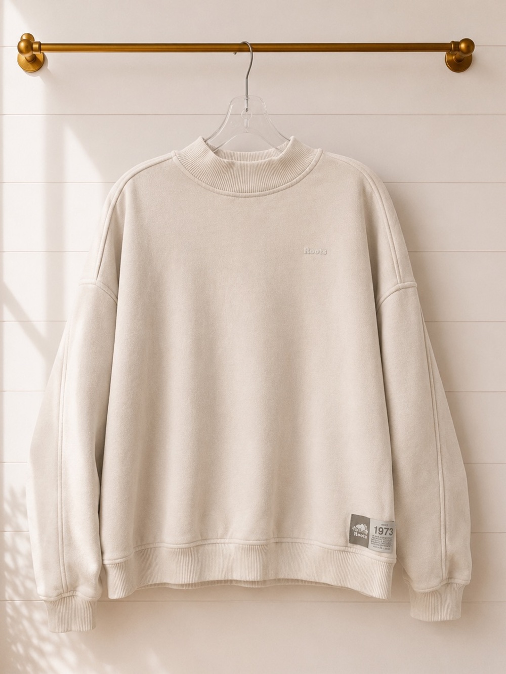 Roots Original Sweats Mock Neck Sweatshirt | Cream | Relaxed Fit | Size M